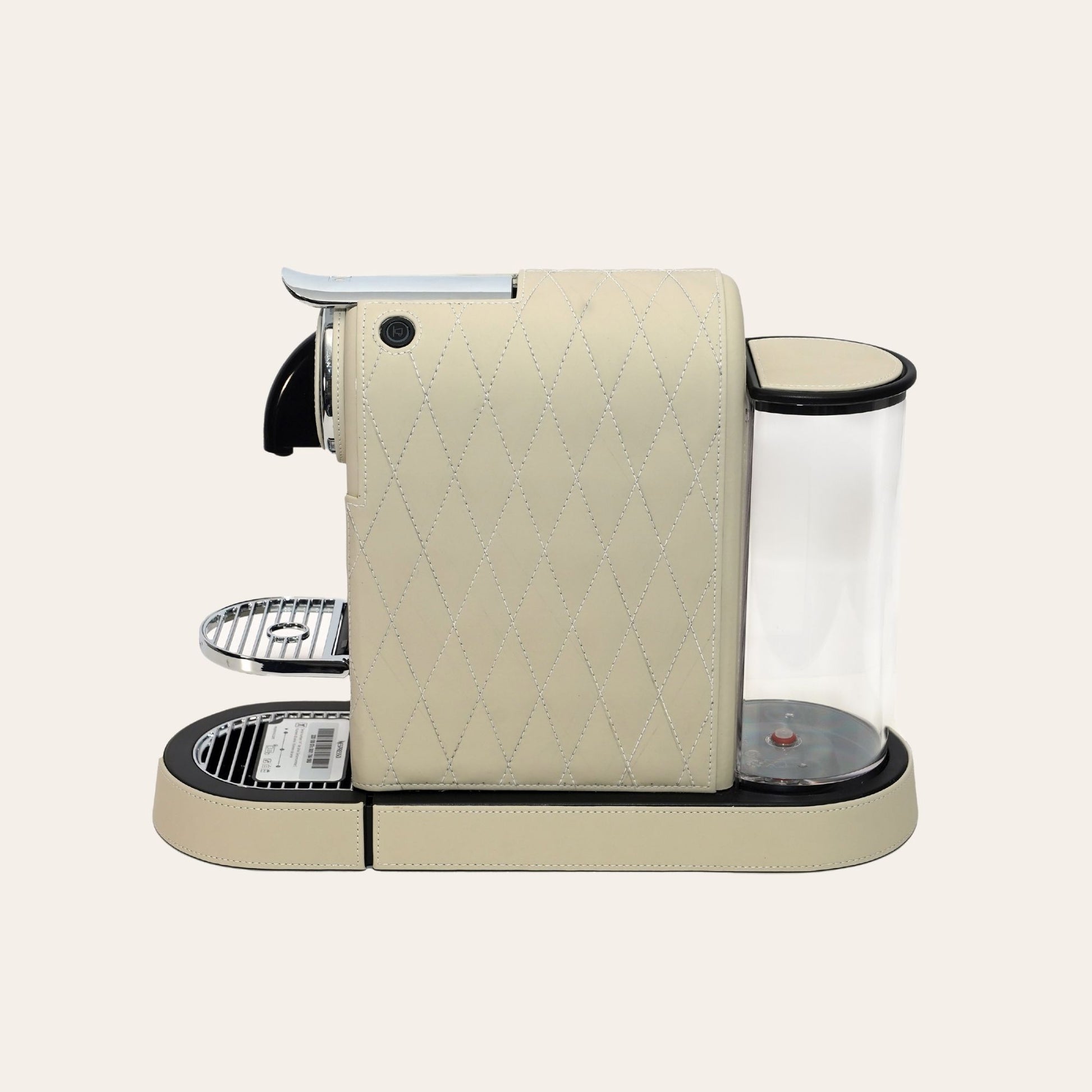 Stylish Citiz Nespresso coffee machine wrapped in luxurious cream white vegan leather with a diamond stitch pattern for an elegant living space