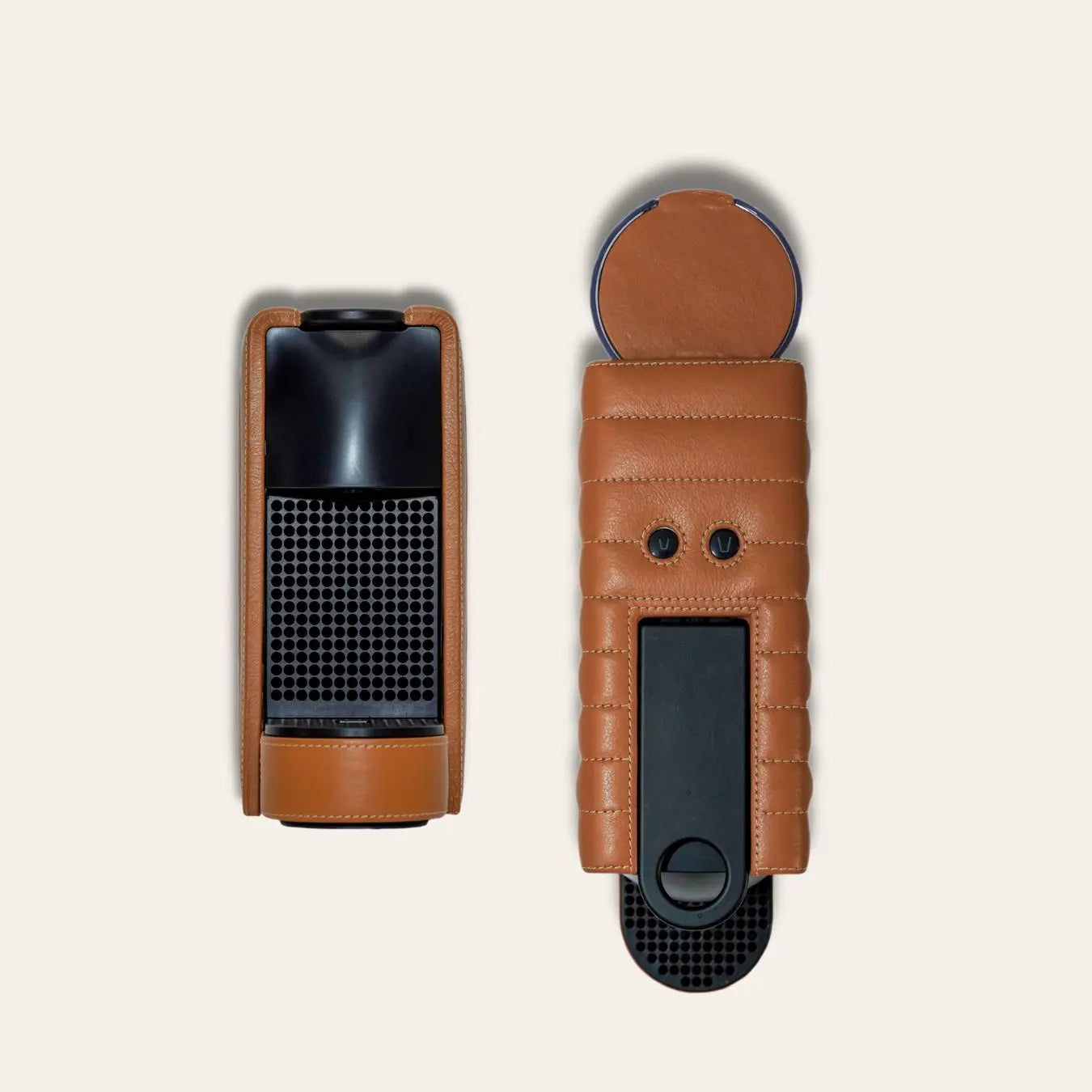 Front and top view of the Nespresso Essenza Mini coffee machine featuring a stylish tan brown vegan leather covering, perfect for small spaces.