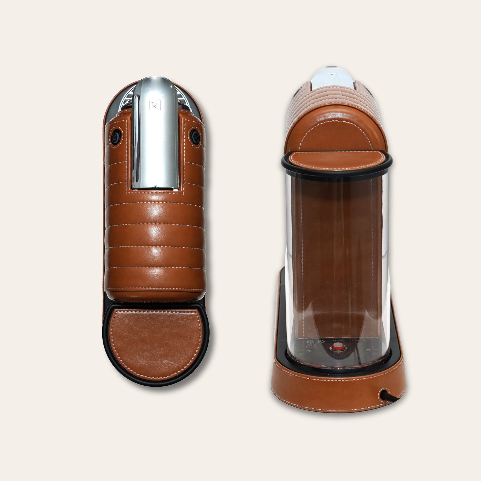 Top and back view of the stylish Citiz Nespresso coffee machine wrapped in a shiny brown vegan leather with a for an elegant living space