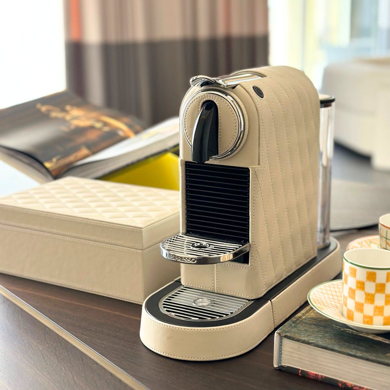 Stylish Citiz Nespresso coffee machine wrapped in luxurious cream white vegan leather for an elegant living space