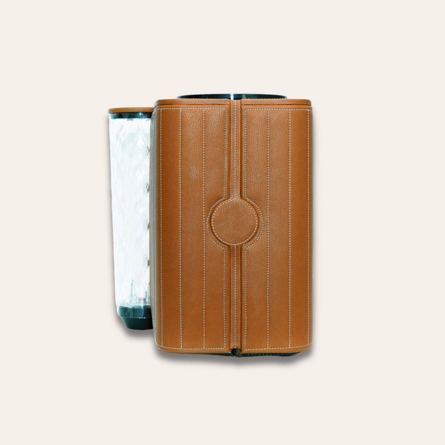 Back view of the Jura Ena 8 luxury Coffee machine for your home. Covered in tan vegan leather - handmade in the UAE