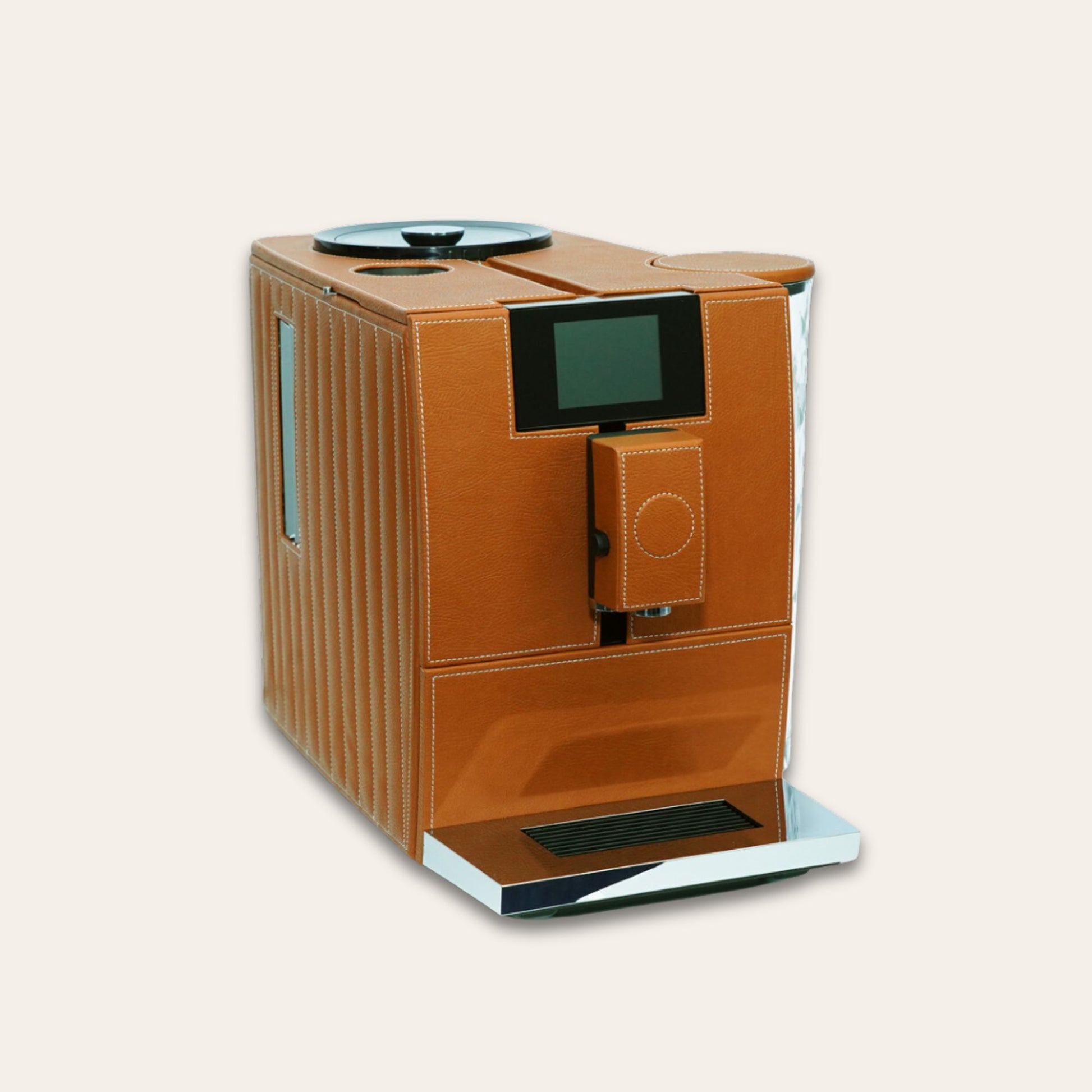 Jura Ena 8 luxury Coffee machine for your home. Covered in tan vegan leather - handmade in the UAE