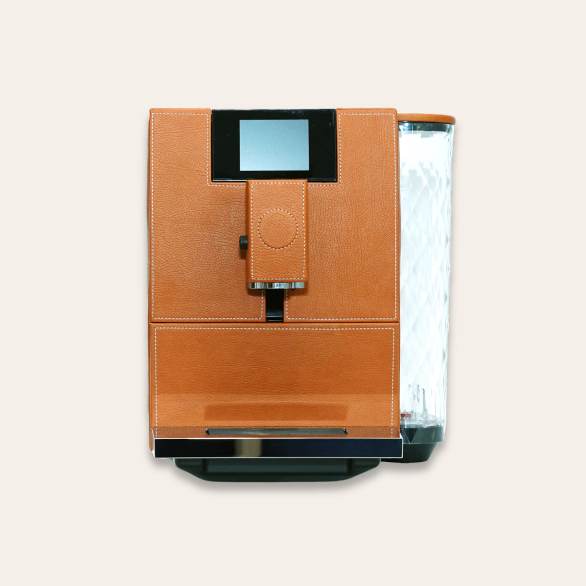 Front view of the Jura Ena 8 luxury Coffee machine for your home. Covered in tan vegan leather - handmade in the UAE