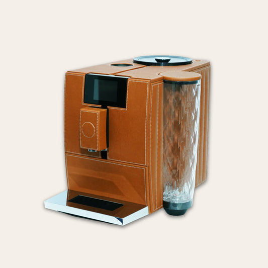 Jura Ena 8 luxury Coffee machine for your home. Covered in tan vegan leather - handmade in the UAE