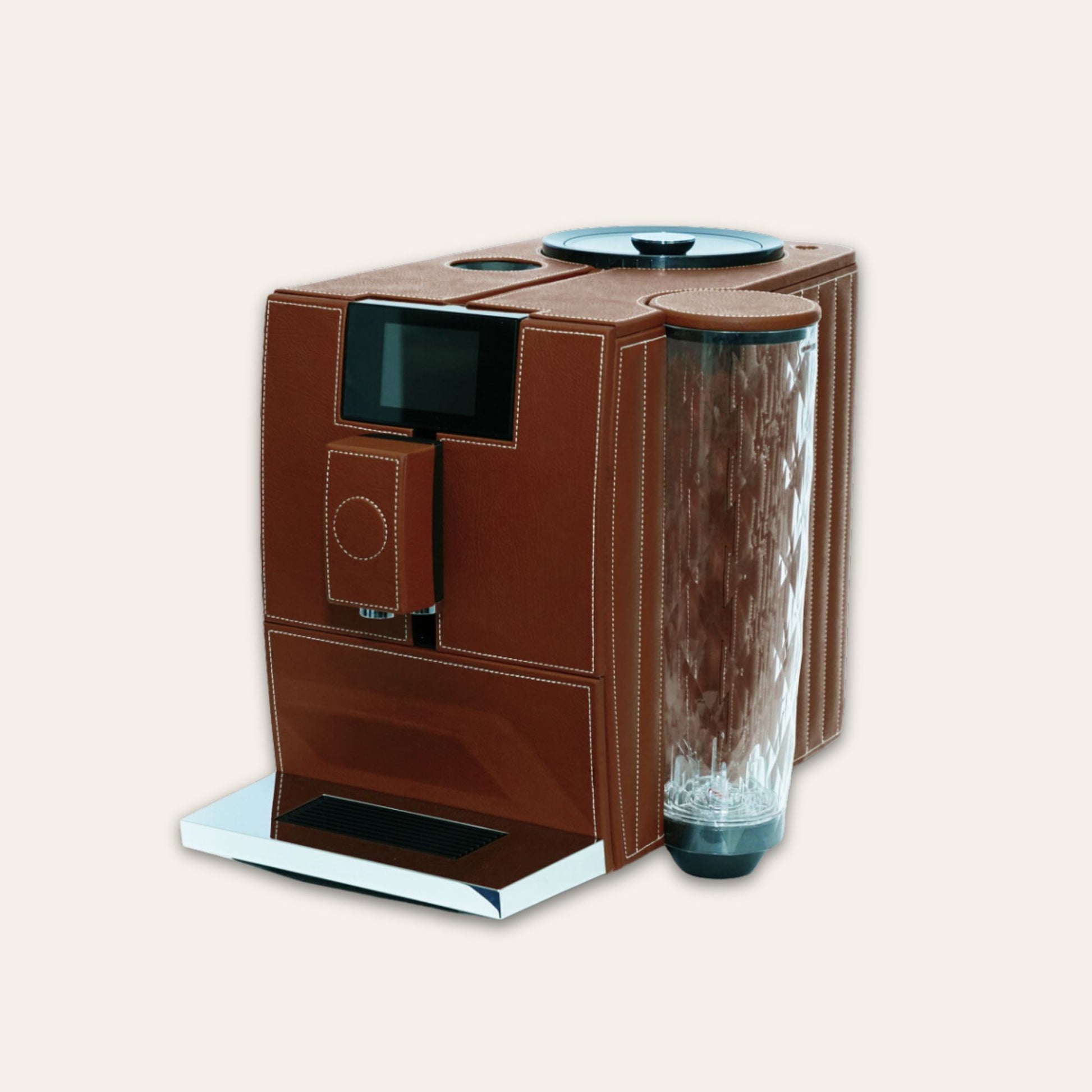 Jura Ena 8 luxury Coffee machine for your home. Covered in chocolate brown vegan leather - handmade in the UAE