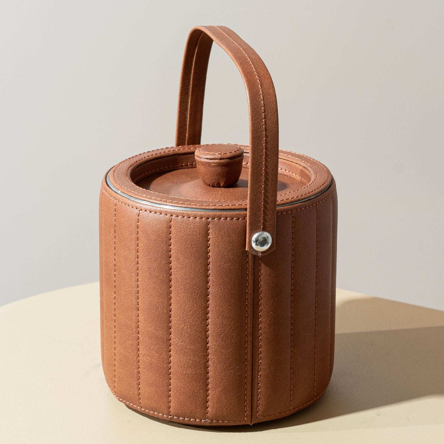 Brown Tan leather covered ice bucket. Ultimate luxury for your bar area. Hand-made in dubai