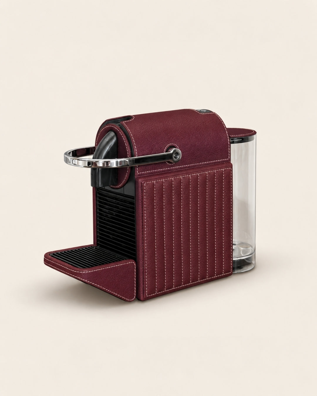 Burgundy pixie nespresso machine wrapped in leather