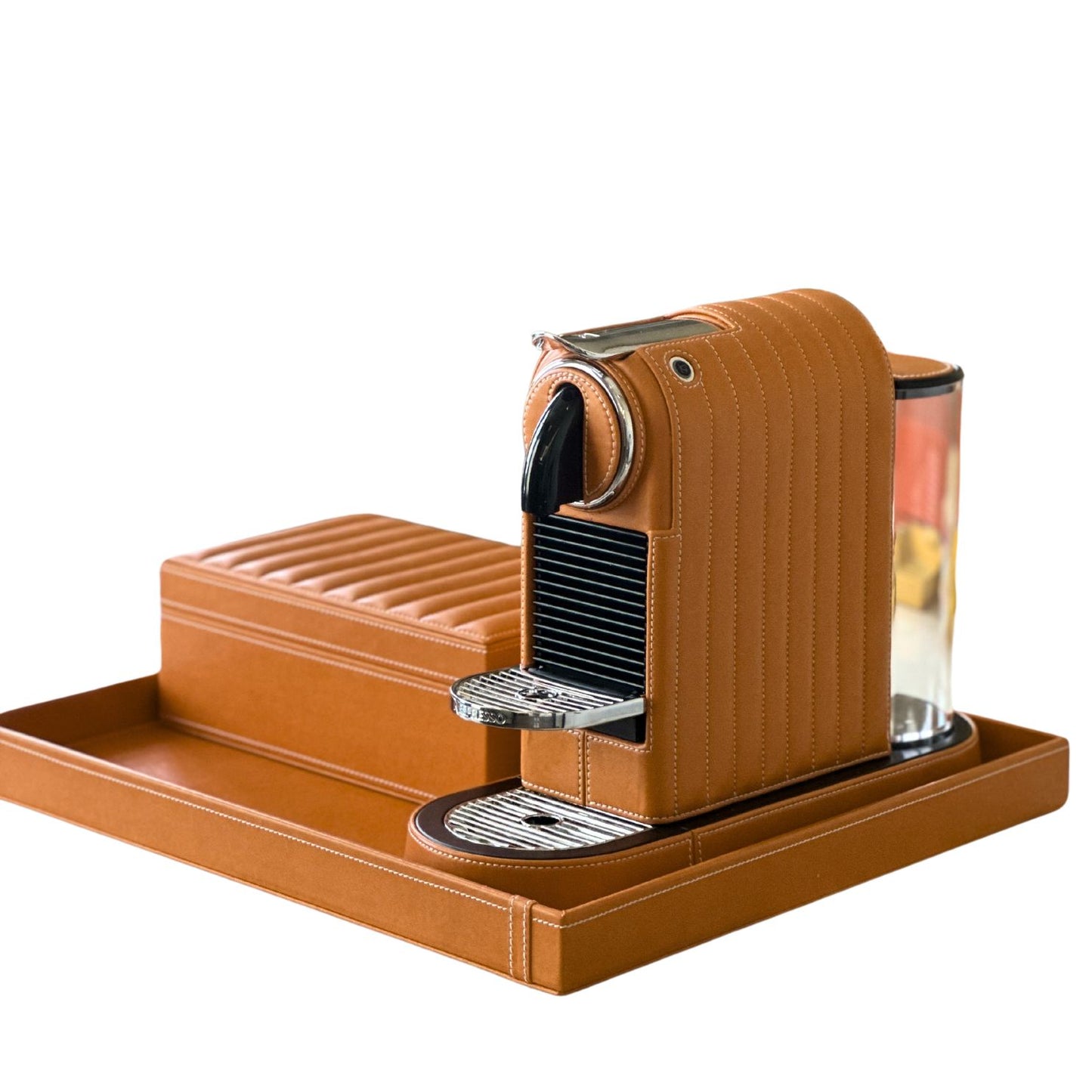 Tan leather covered Nespresso Citiz coffee machine with a storage box and tray