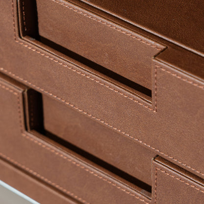 Close up details of the interior of the luxe cabinet - showing the vegan leather with stitching on the drawer section where you can store your coffee capsules and coffee making accessories