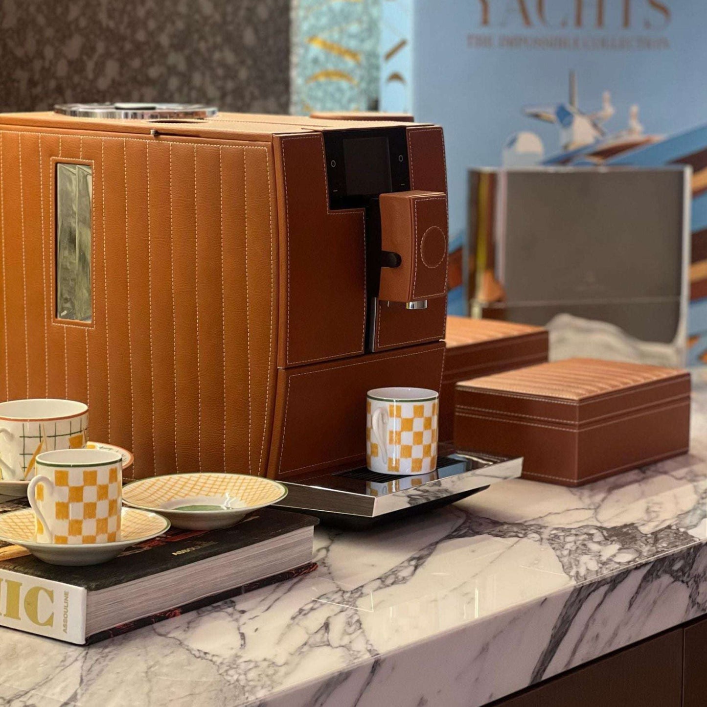 The Jura Ena 8 luxury Coffee machine as seen in the home.  Covered in tan vegan leather - handmade in the UAE