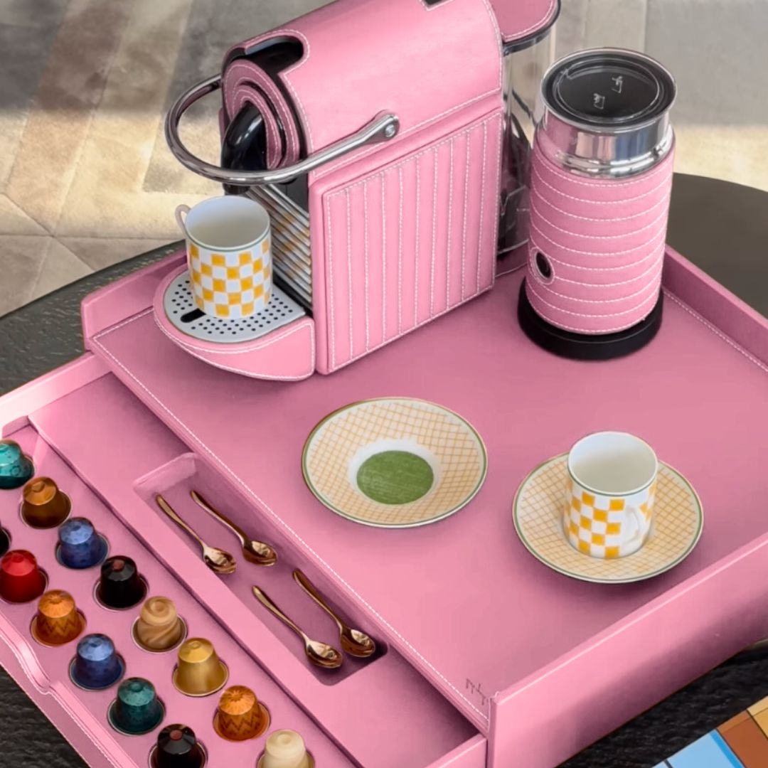 The Nespresso Pixie coffee maker with milk frother and our tray with drawer for coffee capsules - this bundle is made with a baby pink vegan leather