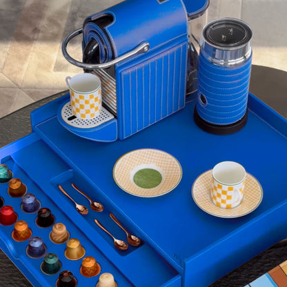 Nespresso Pixie cladded in blue vegan leather set with milk frother and drawer for capsule storage