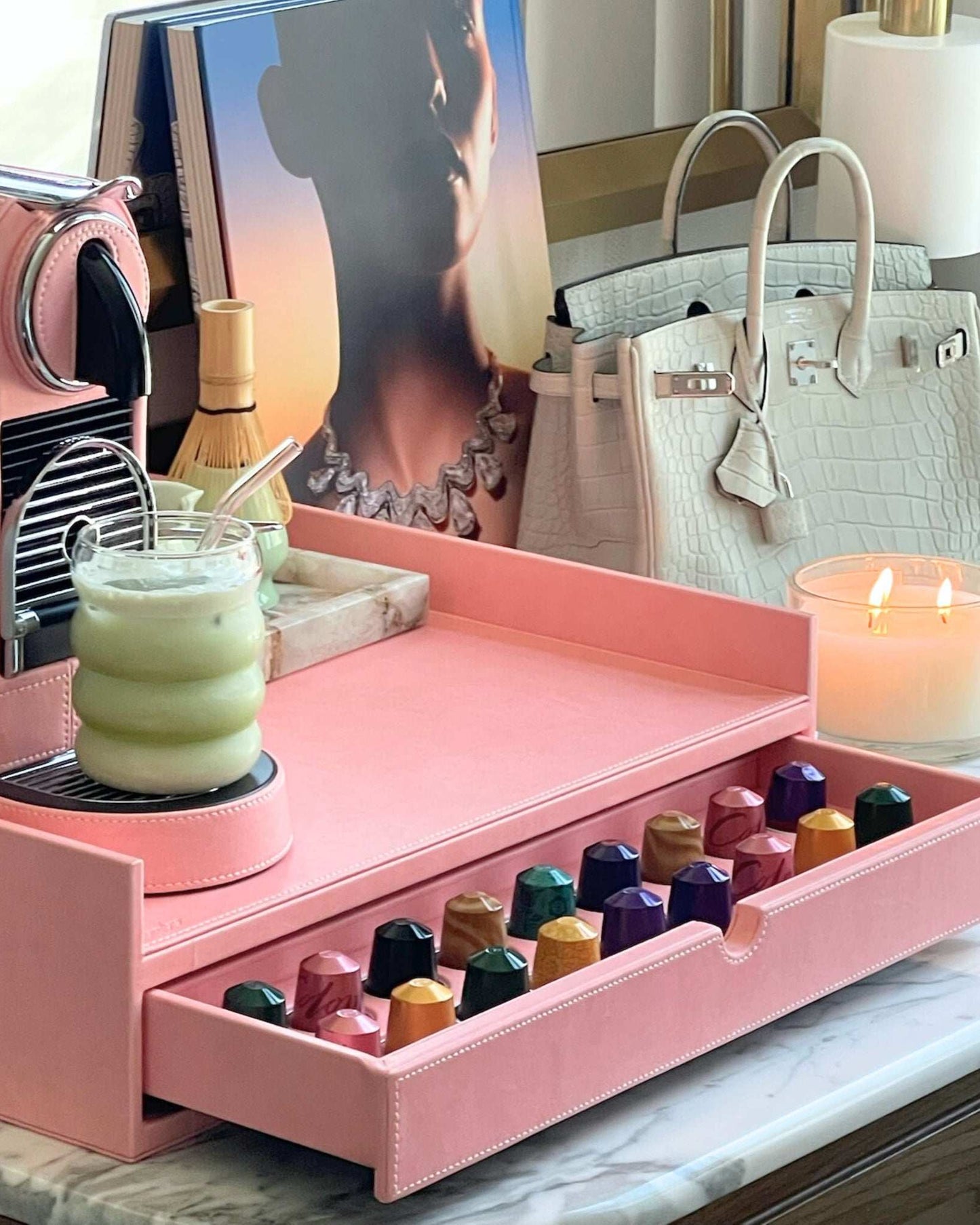 Tray With Drawer in baby pink for nespresso pod storage
