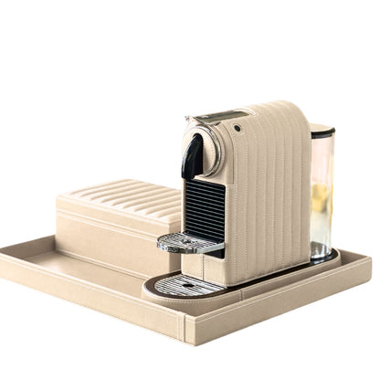 Creamy white vegan leather covered Nespresso Citiz coffee machine with a storage box and tray