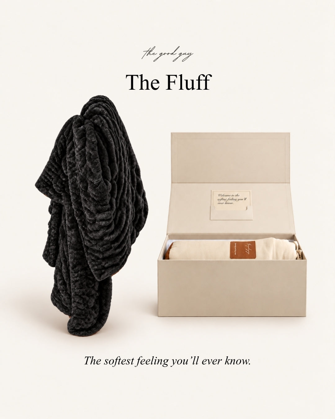 Black onyx faux fur blanket with box showing packaging ready for gifting