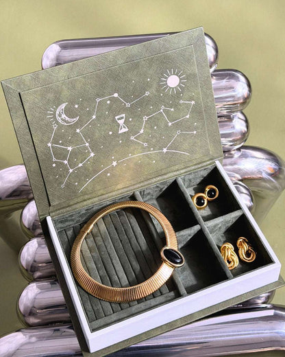Olive Green Arabic Jewelry Box with silver clock design and velvet interior