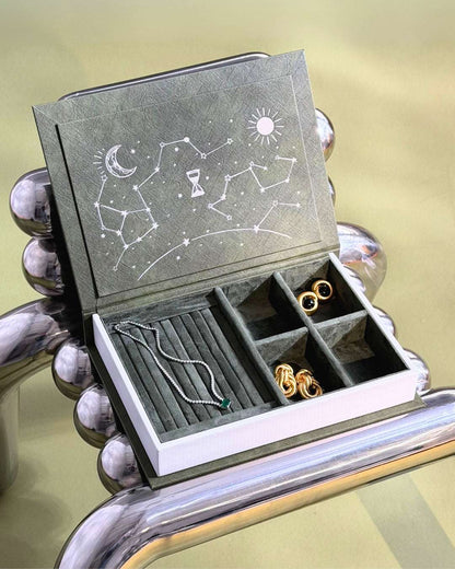Olive Green Arabic Jewelry Box with silver clock design and velvet interior