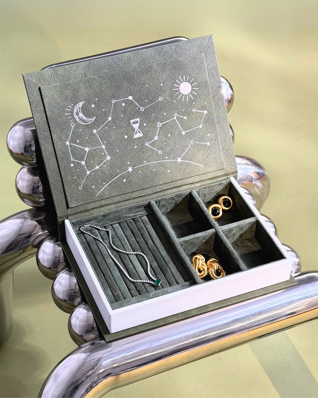 Olive Green Arabic Jewelry Box with silver clock design and velvet interior