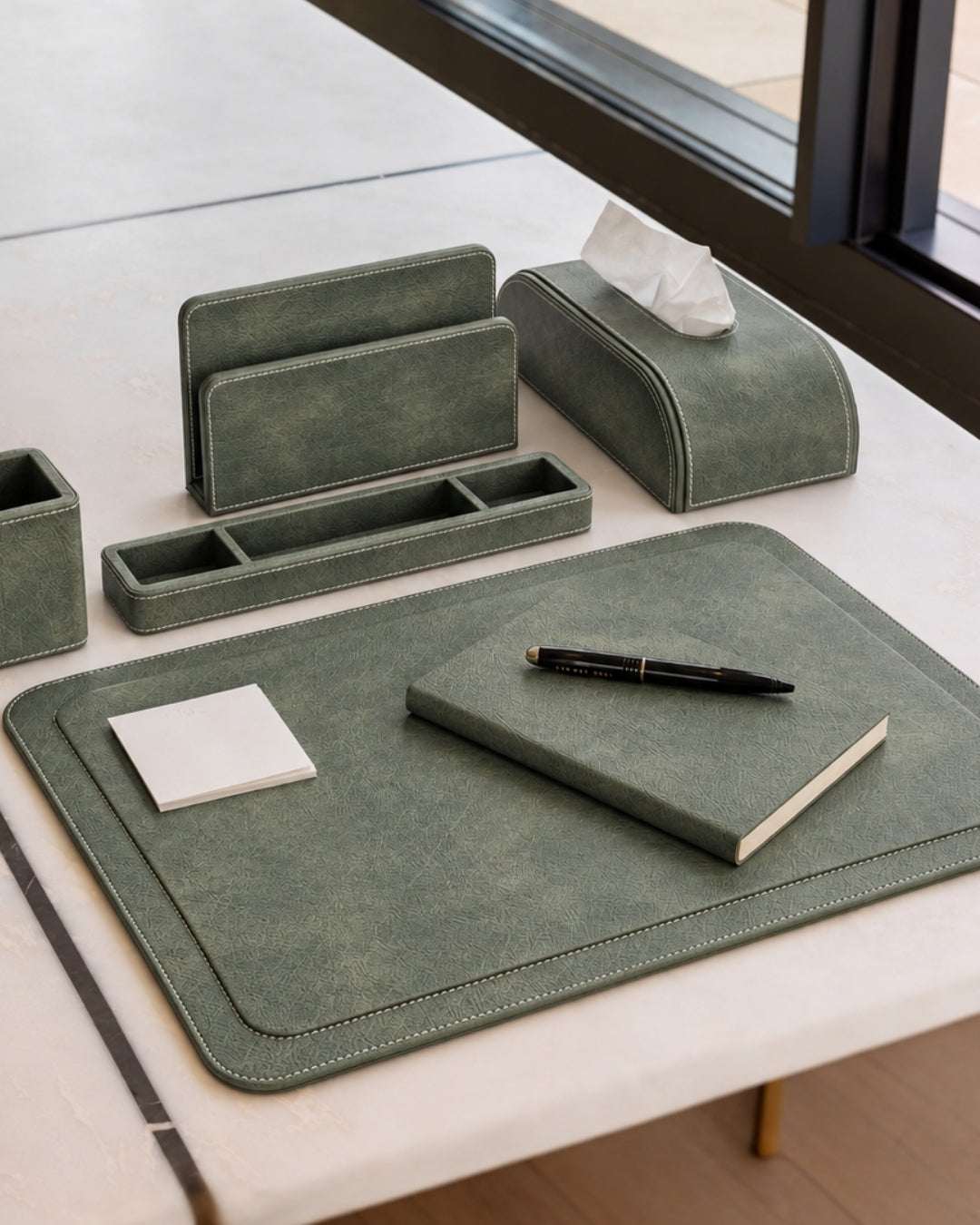 leather wrapped ​Luxe Desk Set - The Good Guy - Olive Green (New)