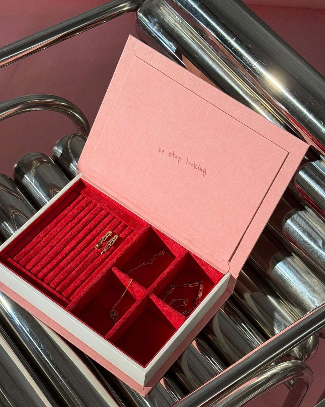 Artistic Typographic Pink Jewelry Box with red velvet lined compartments