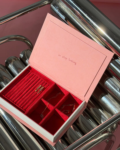 Artistic Typographic Pink Jewelry Box with red velvet lined compartments