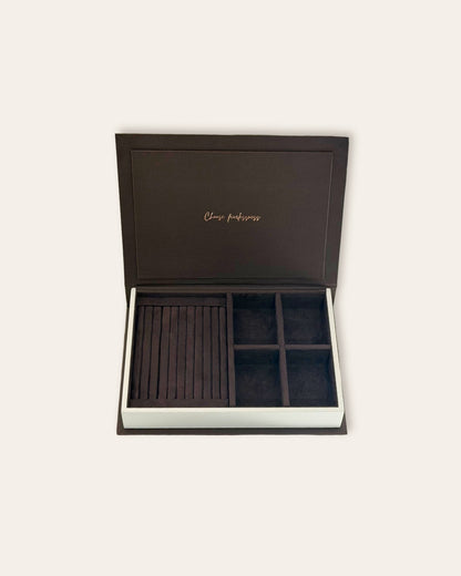 Brown Jewelry Box with velvet interior with compartments for necklaces, earrings and rings